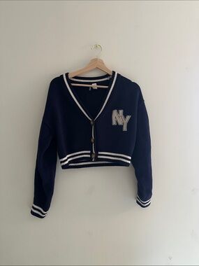 Divided Navy Cropped Varsity Cardigan with White Trim